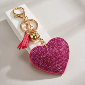 heart-shaped rhinestone leather keychain with tassels, Korean velvet rhinestone keychain